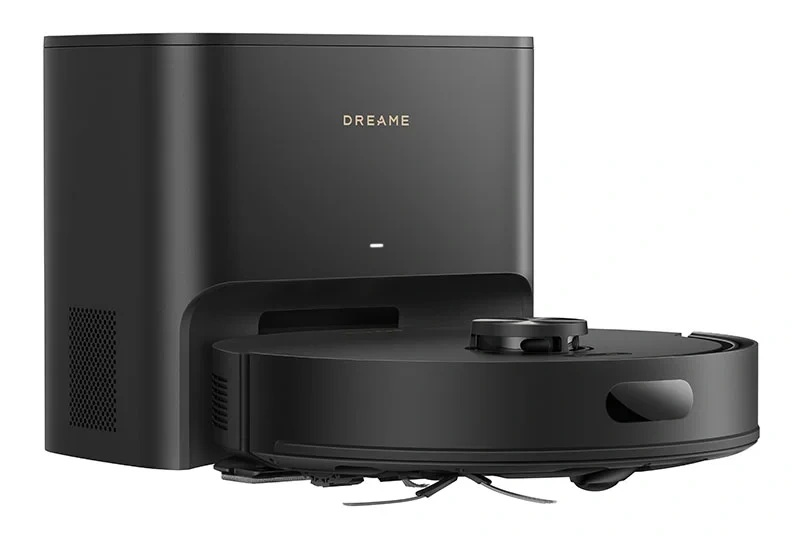 Czarny robot odkurzający ze stacją dokującą. Logo Dreame na górze.