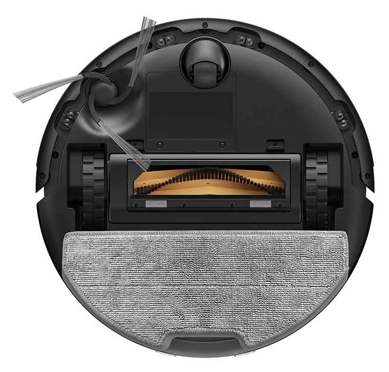 Spód robota odkurzającego z szczotkami, kołami i modułem mopującym.