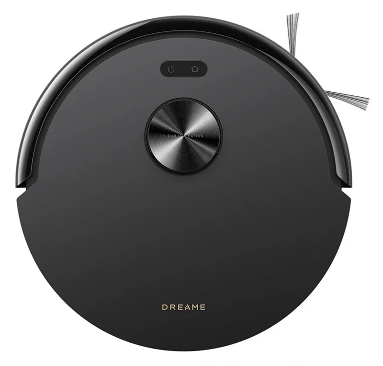 Czarny robot sprzątający z nawigacją lidar i szczotkami. Pokazuje nazwę marki.