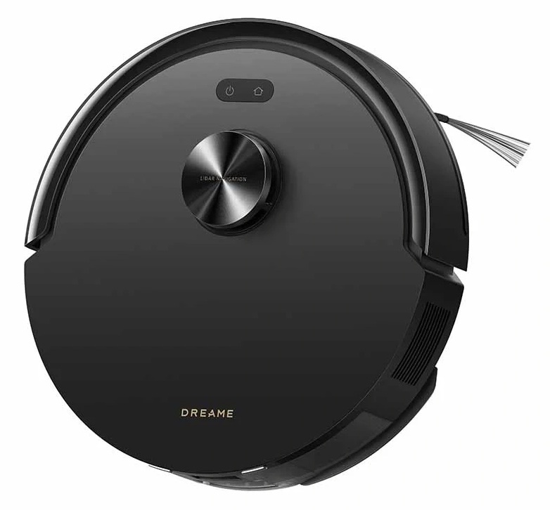 Czarny robot sprzątający z srebrną wieżą LiDAR i szczotkami.