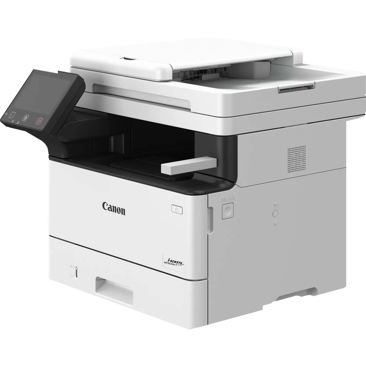Ein weißer Canon i-SENSYS MF463dw II Drucker mit Touchscreen.