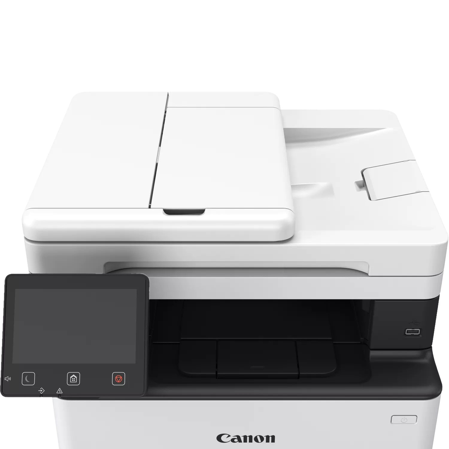 Ein weißer Canon Drucker mit Touchscreen-Display, auf schwarzem Hintergrund.