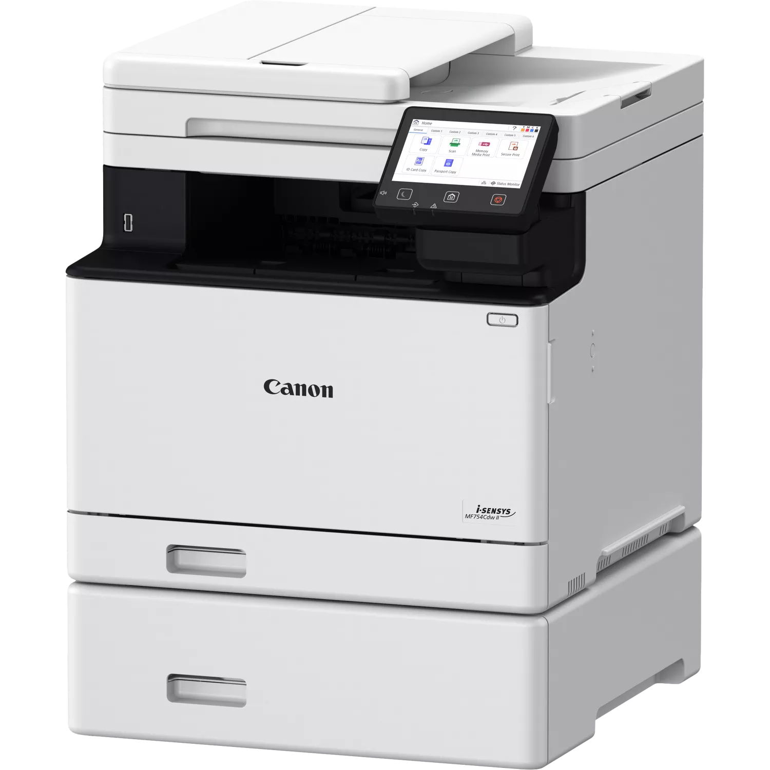 Ein weißer Canon i-SENSYS MF754Cdw II Drucker mit Touchscreen und zwei Schubladen.
