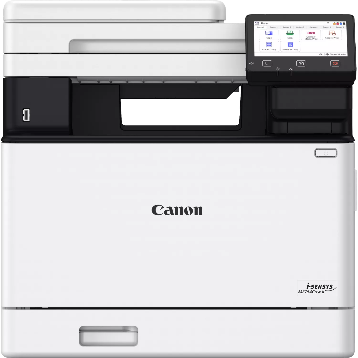 Ein weißer Canon i-SENSYS MF754Cdw II Drucker mit Touchscreen-Bedienfeld.