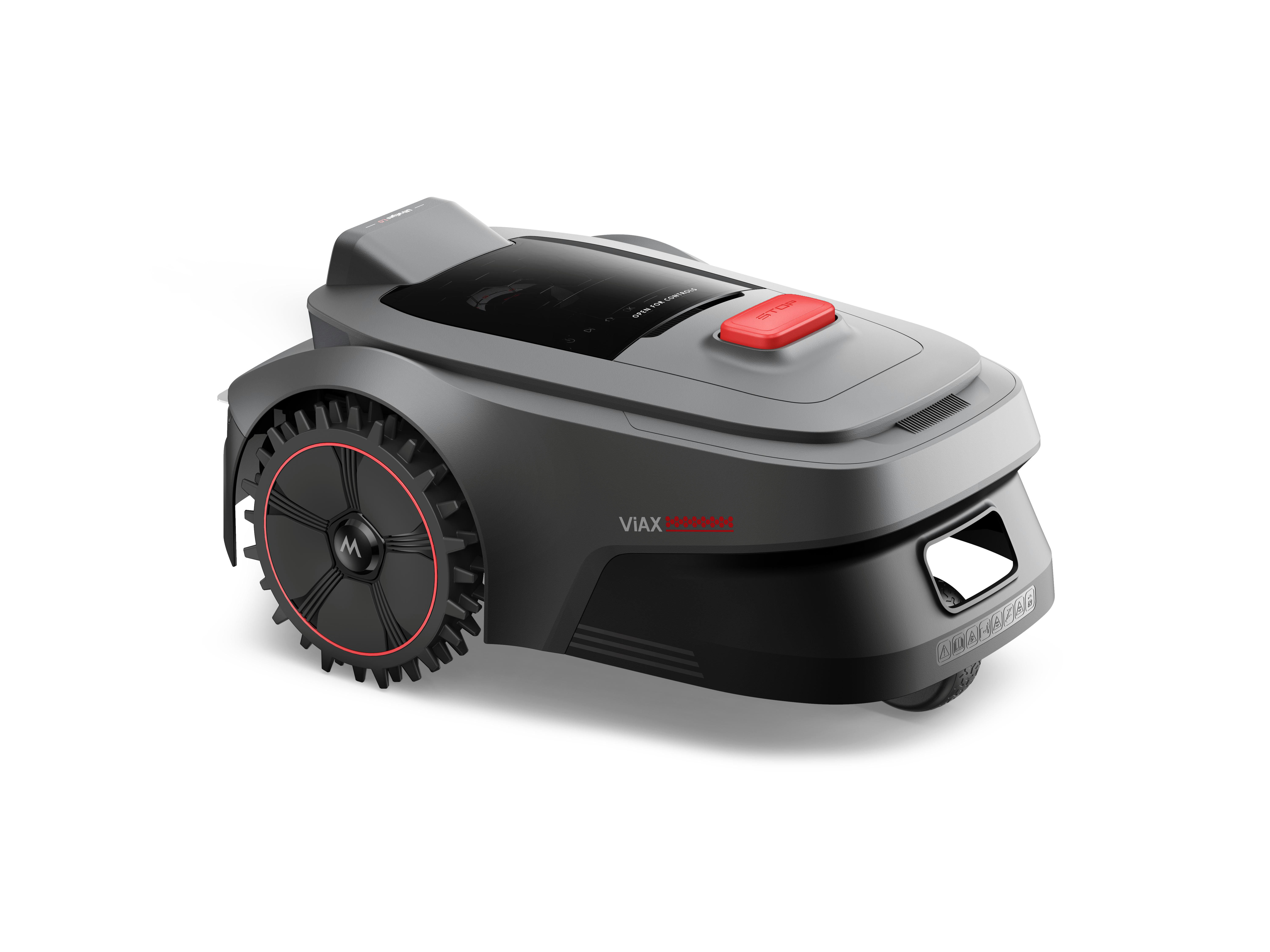 Ein grauer Mähroboter mit einem roten Stoppknopf und großen Rädern.