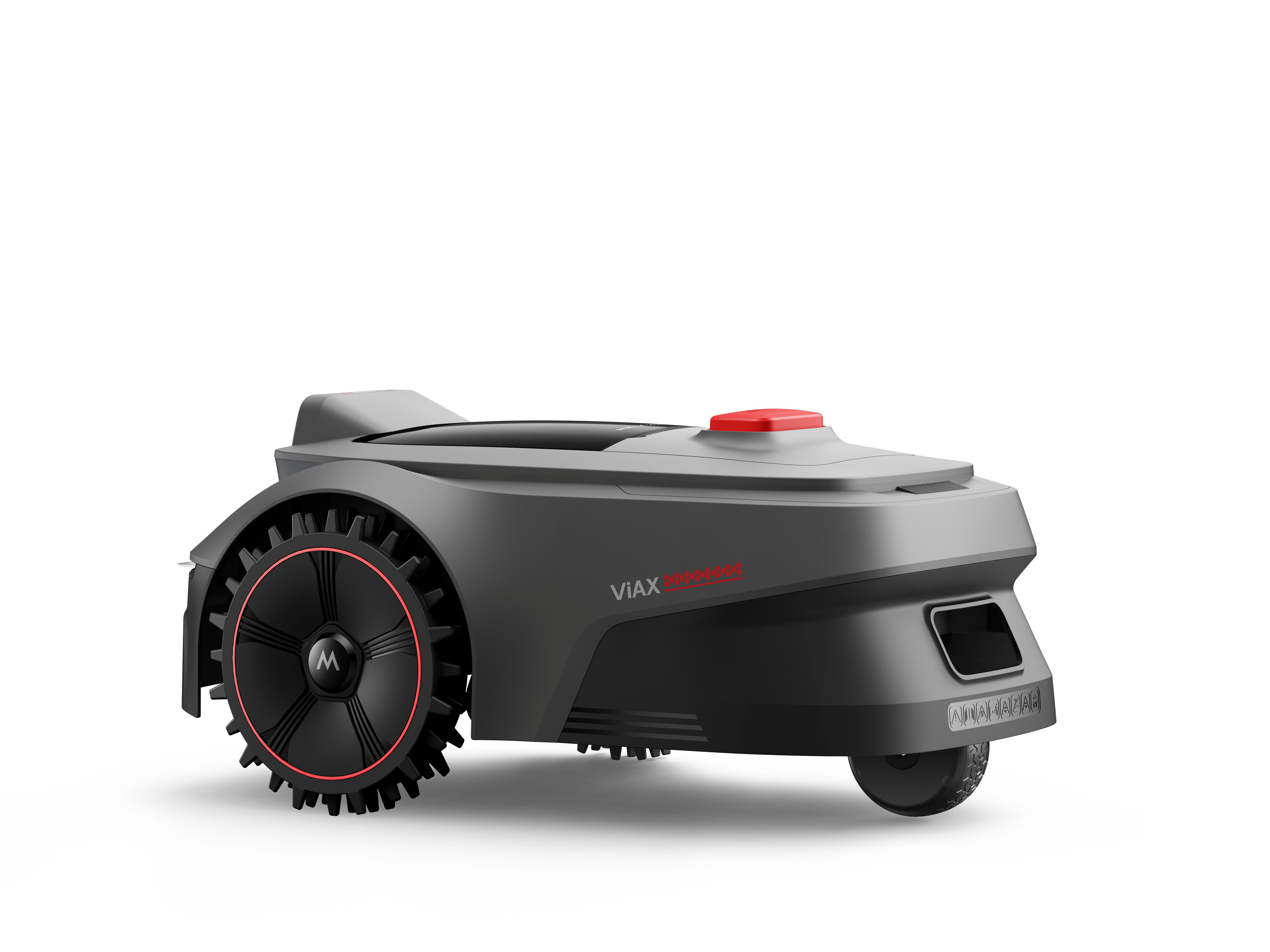 Grauer Mähroboter mit rotem Knopf, schwarzem Rad und rotem Ring.