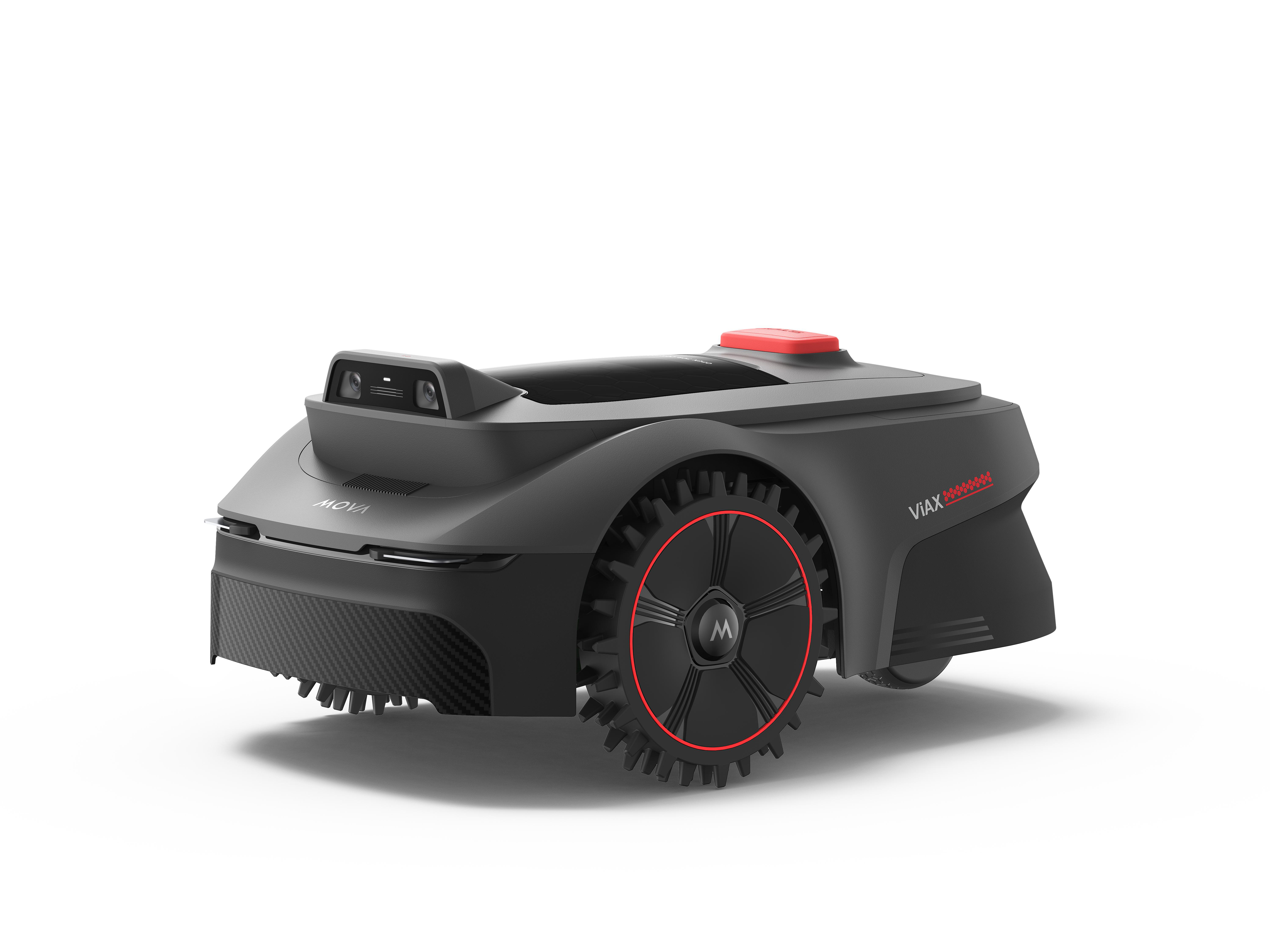 Ein schwarzer Rasenmäherroboter mit roten Akzenten steht auf weißem Grund.