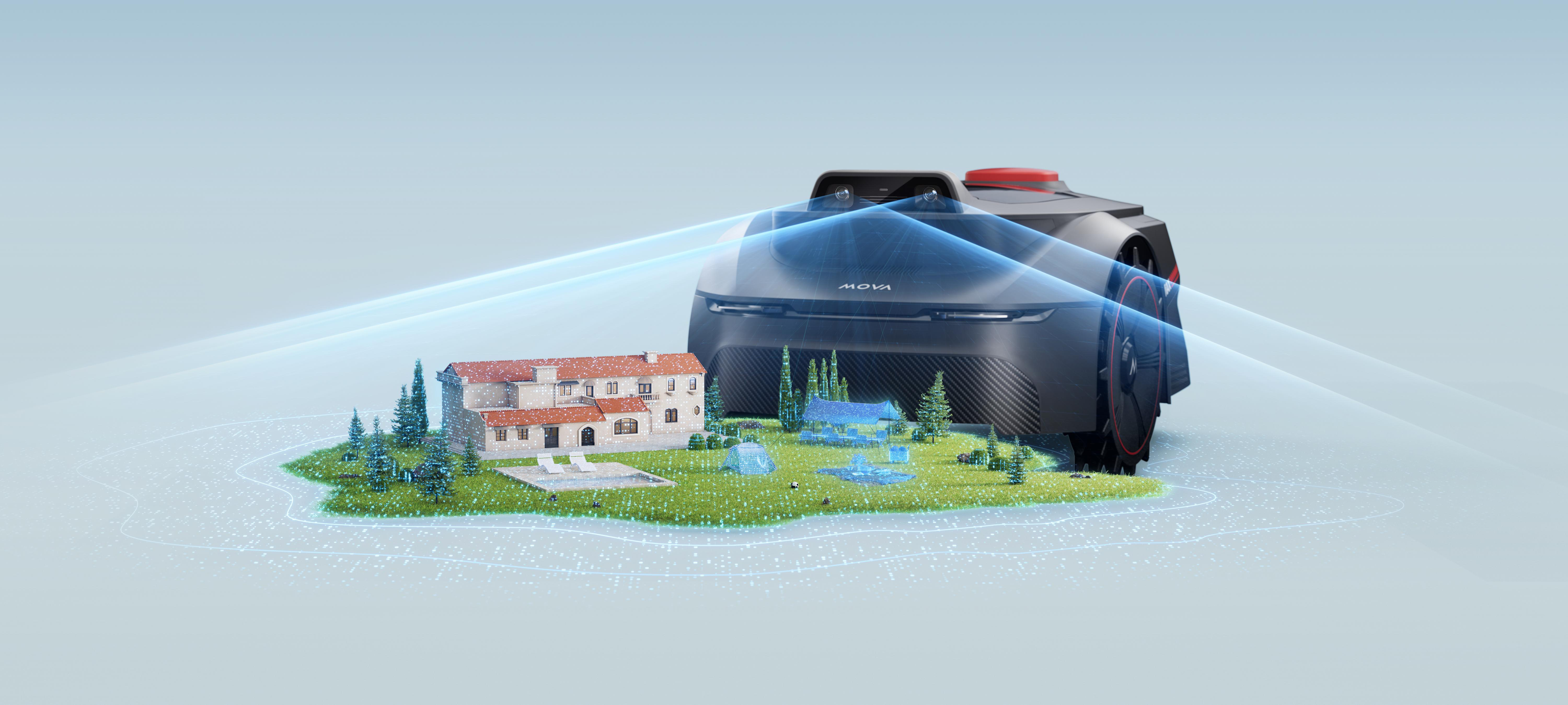 Ein Mähroboter scannt ein Modellhaus mit Pool und Bäumen.