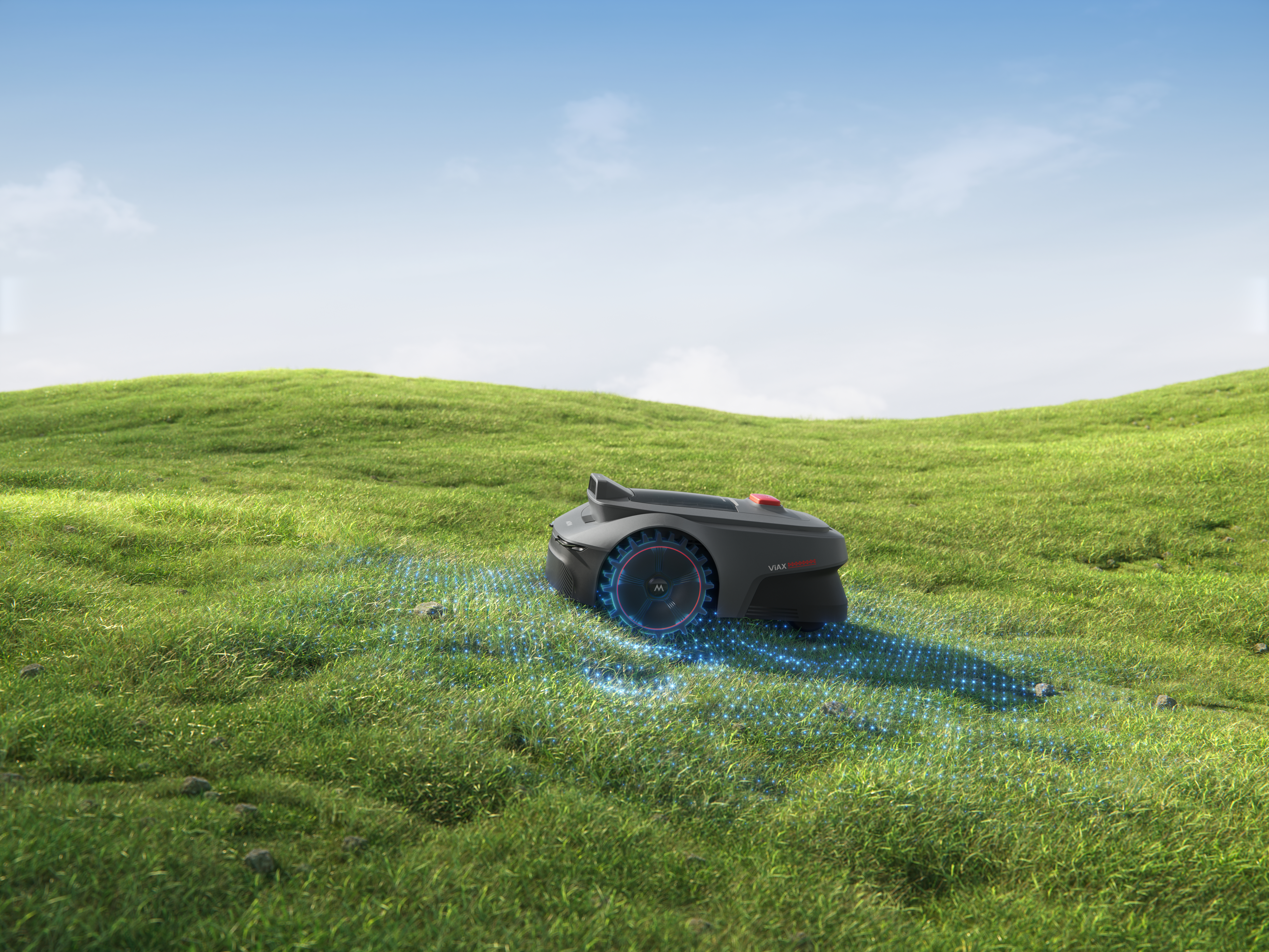 Ein dunkler Rasenmähroboter auf einer grünen Wiese, mit blauen Lichtern.