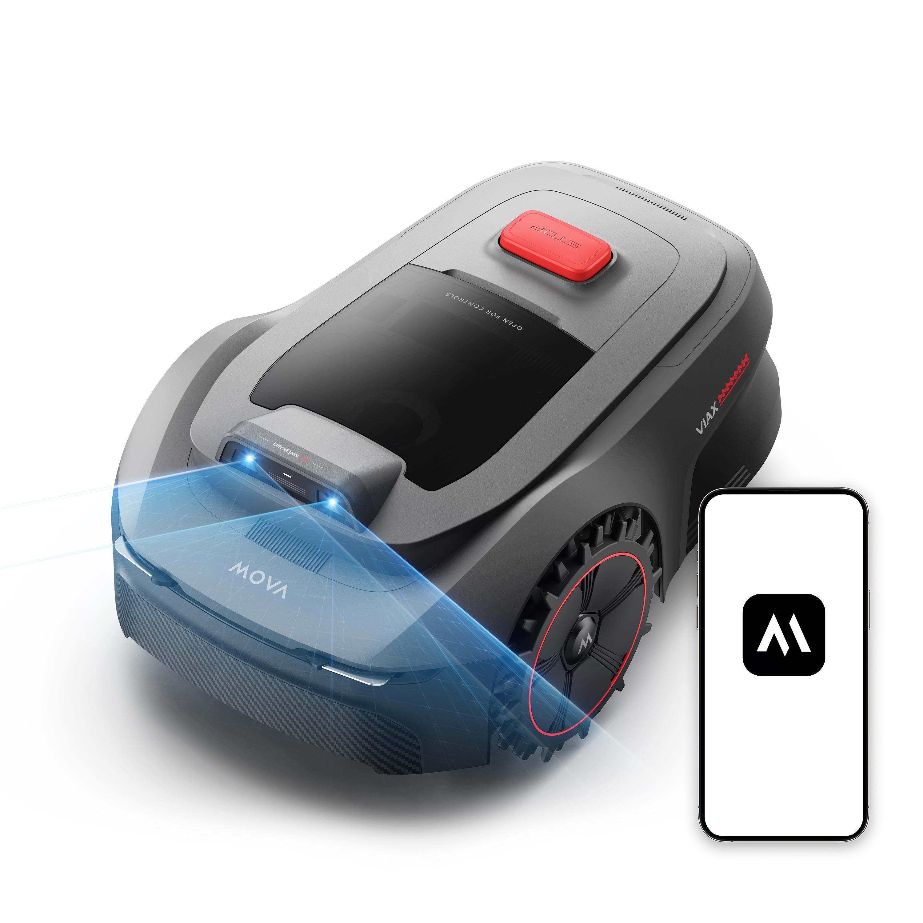 Ein Mähroboter mit Smartphone, das eine App anzeigt. Blaue Sensoren sind aktiv.