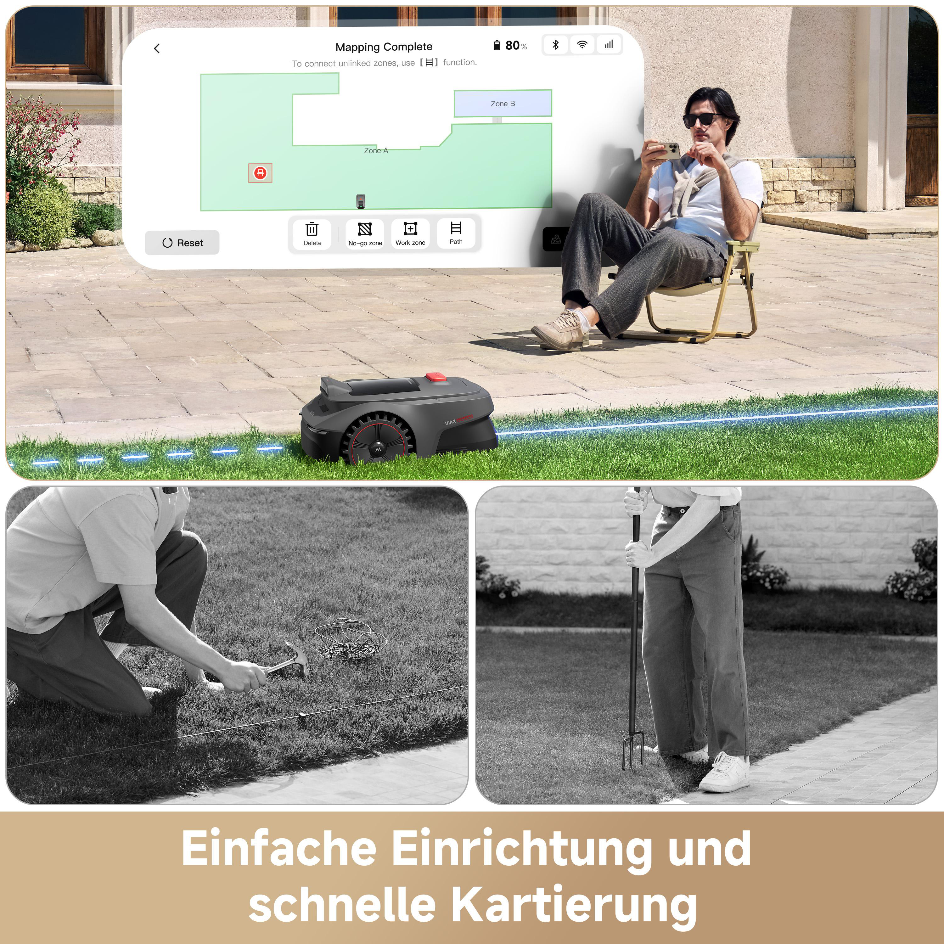 Ein Mann sitzt im Garten, während ein Roboter-Rasenmäher auf dem Display abgebildet ist.