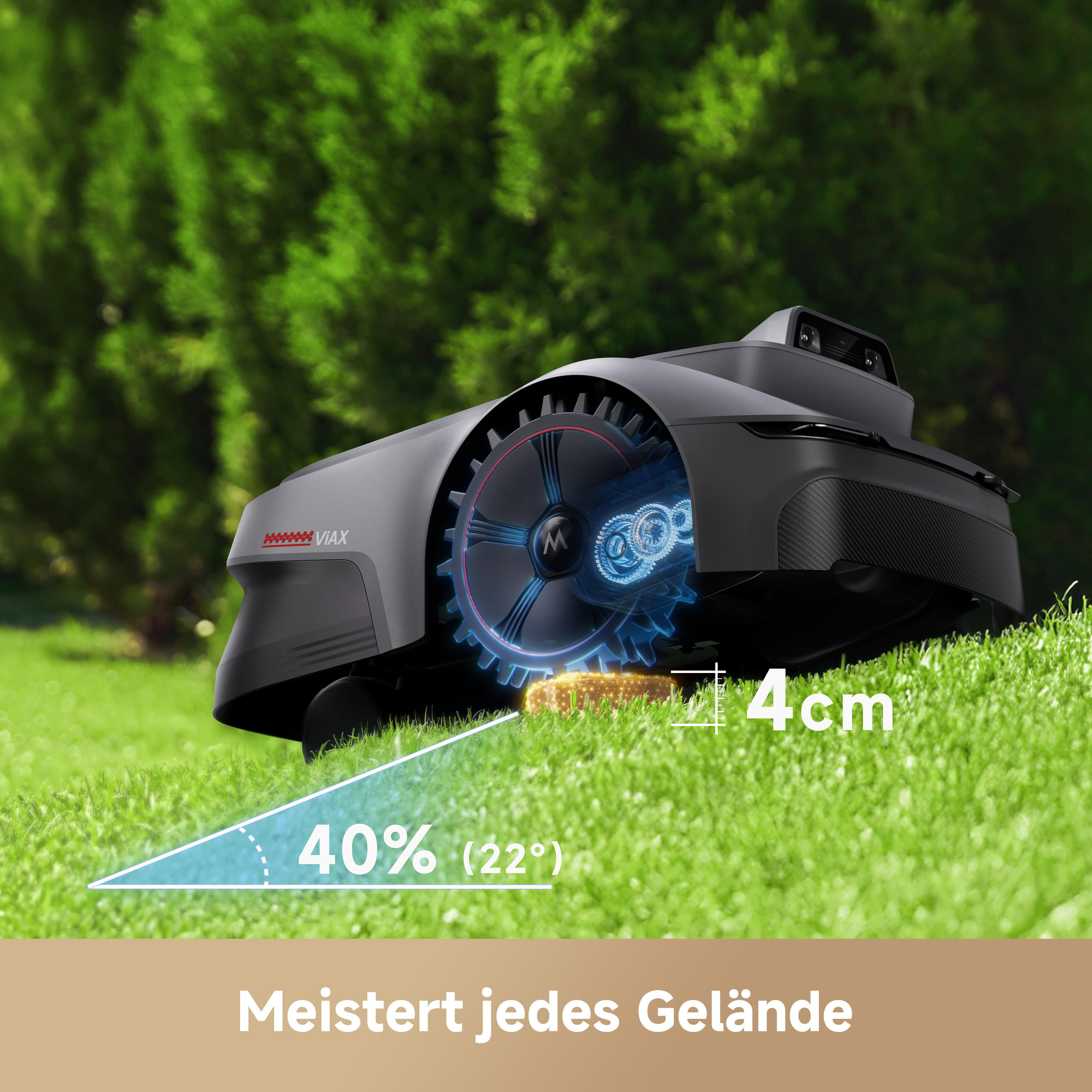 Ein Mähroboter mit sichtbarem Getriebe fährt auf einem Rasen. 40% Steigung, 4cm Schnitthöhe.