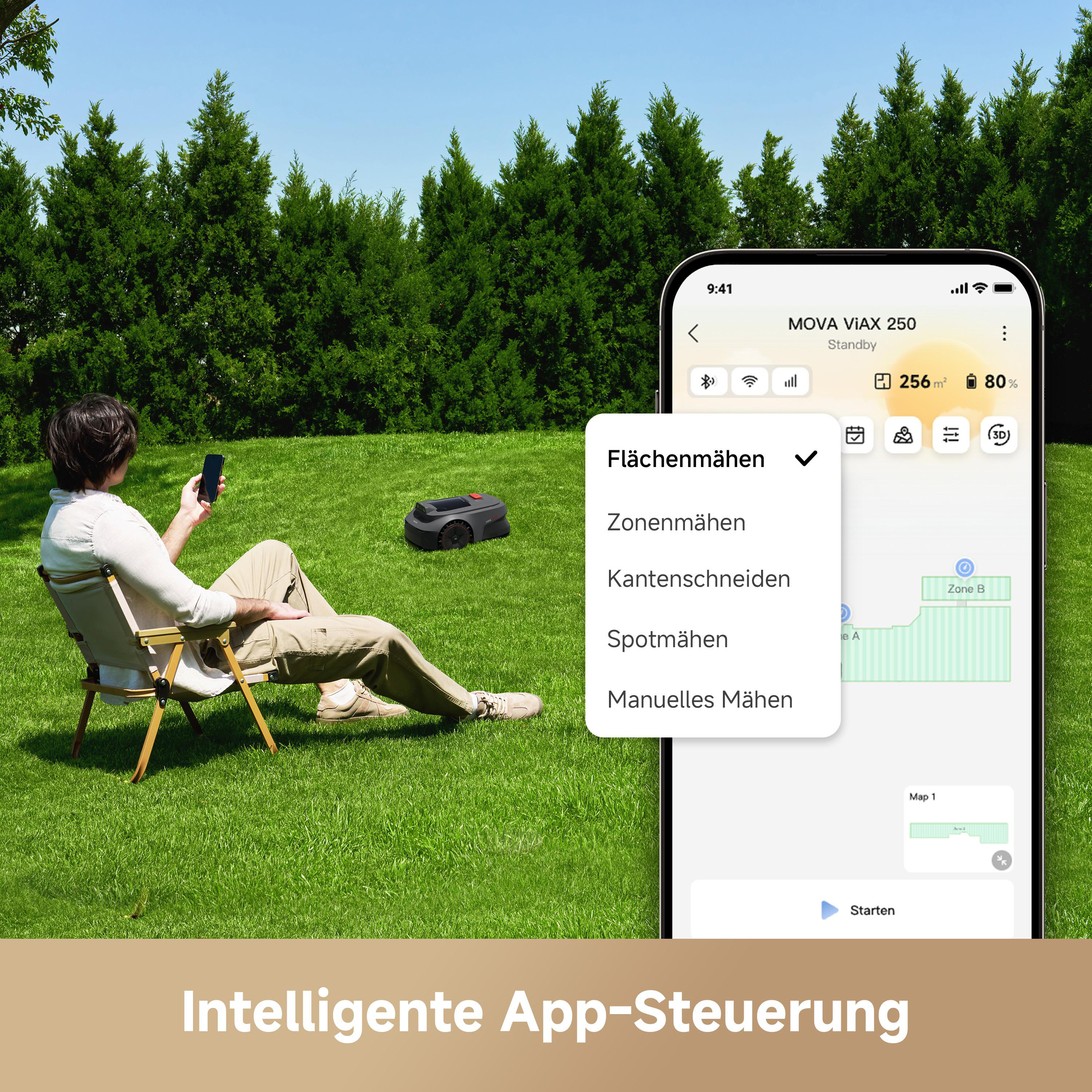 Mann sitzt im Garten, steuert Rasenmäher per App. Intelligente App-Steuerung.