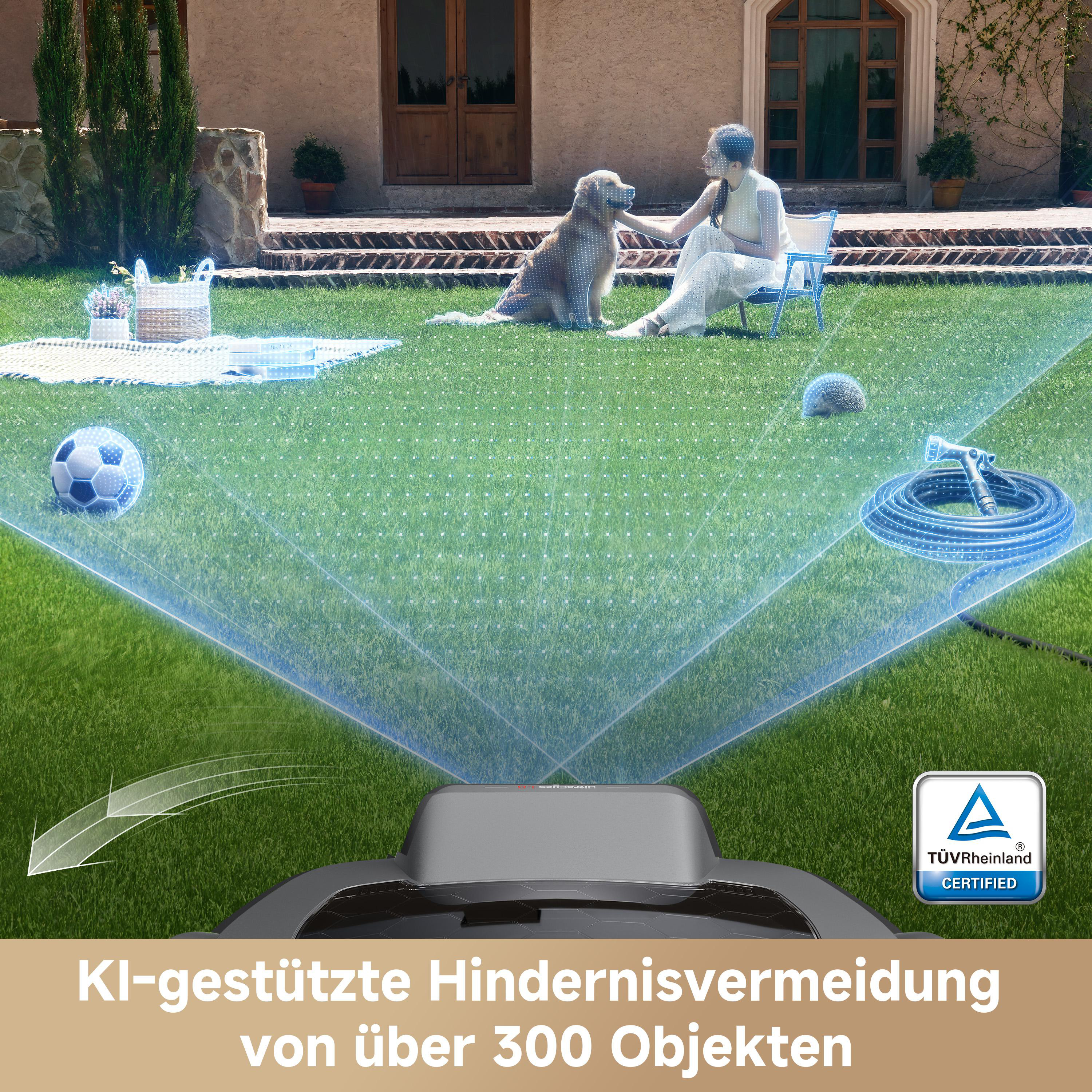 Ein Roboter-Rasenmäher mit KI-gestützter Hindernisvermeidung auf einem Rasen.
