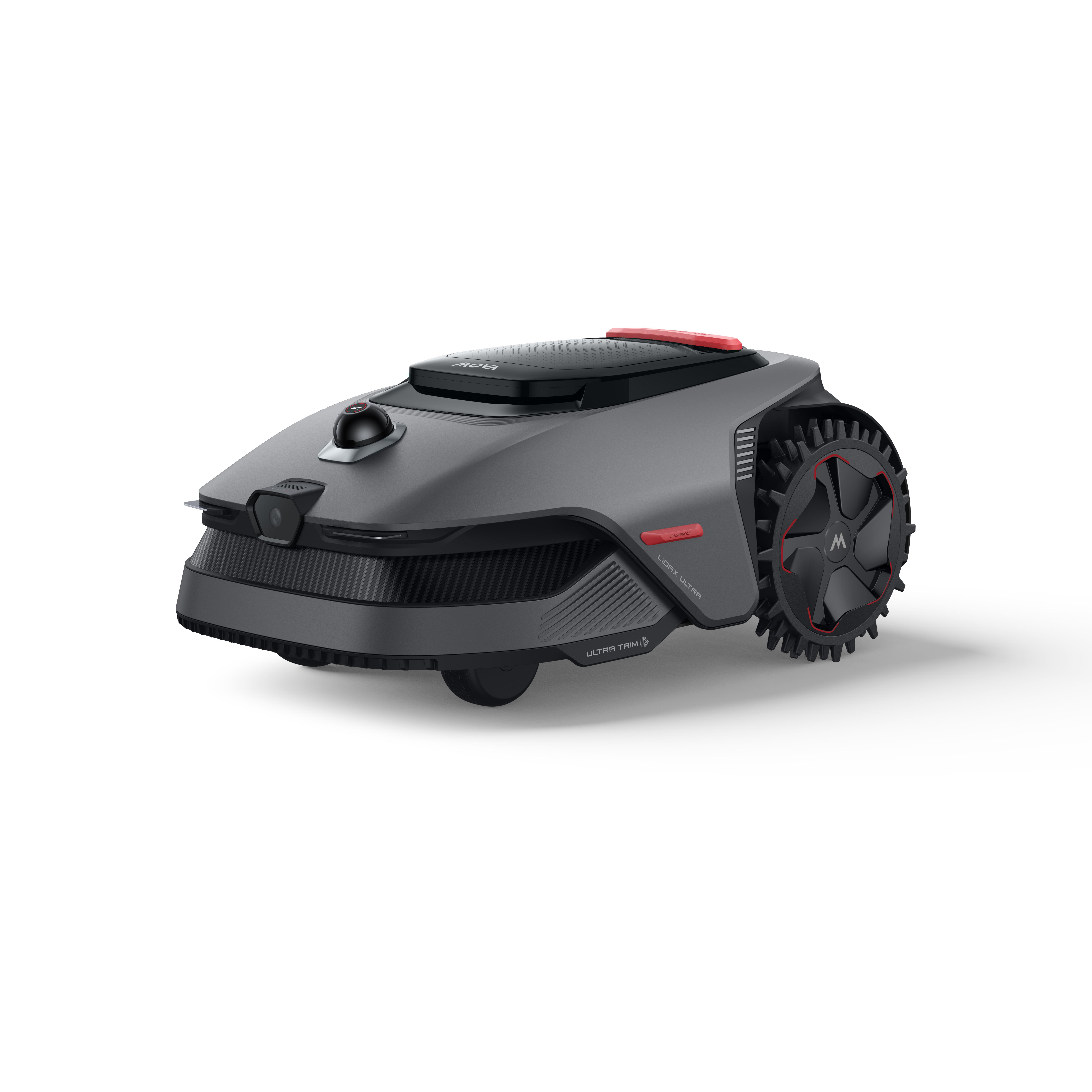 Ein grauer Mähroboter mit schwarzen Rädern und roten Akzenten auf weißem Hintergrund.