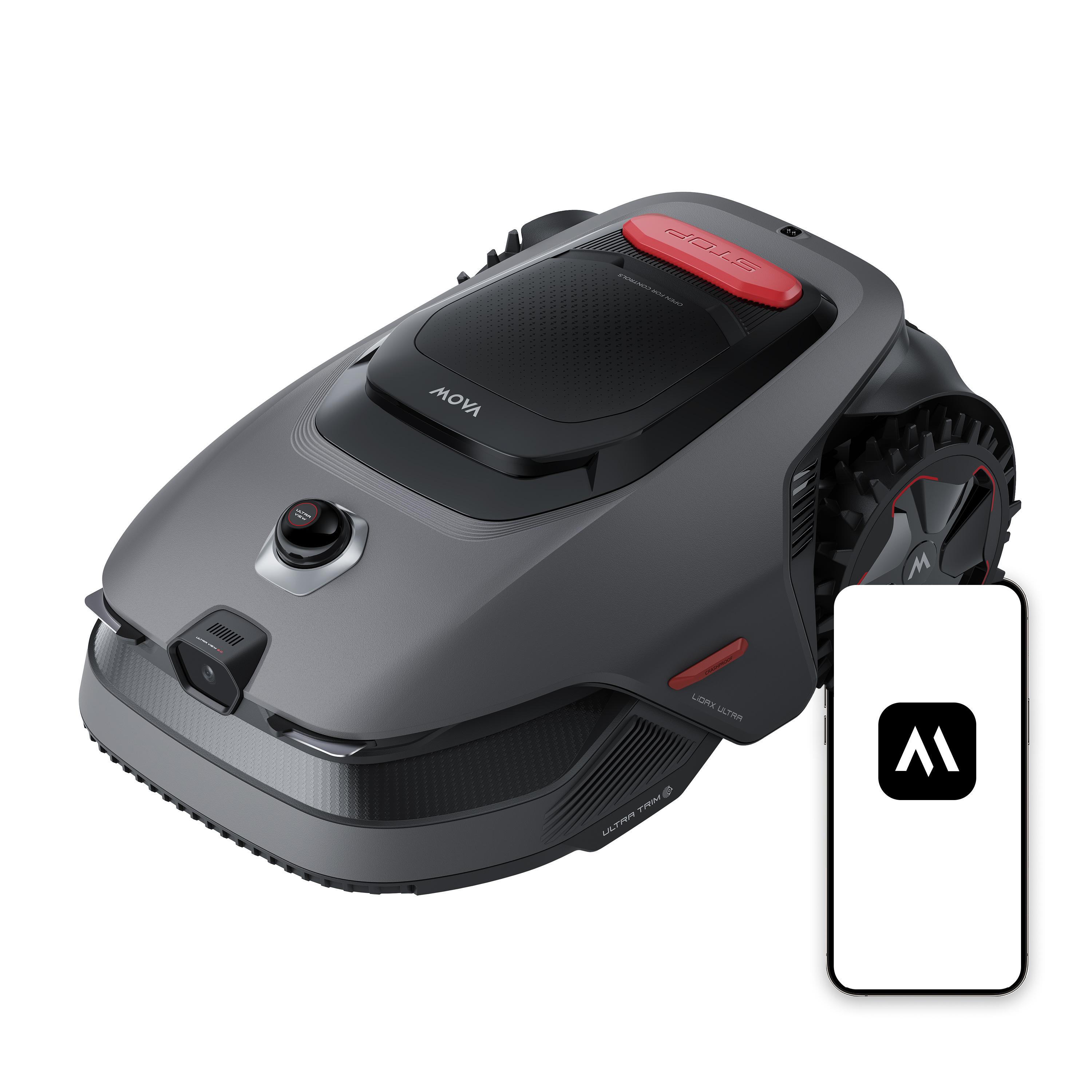 Ein Mähroboter mit Smartphone daneben, auf weißem Hintergrund.