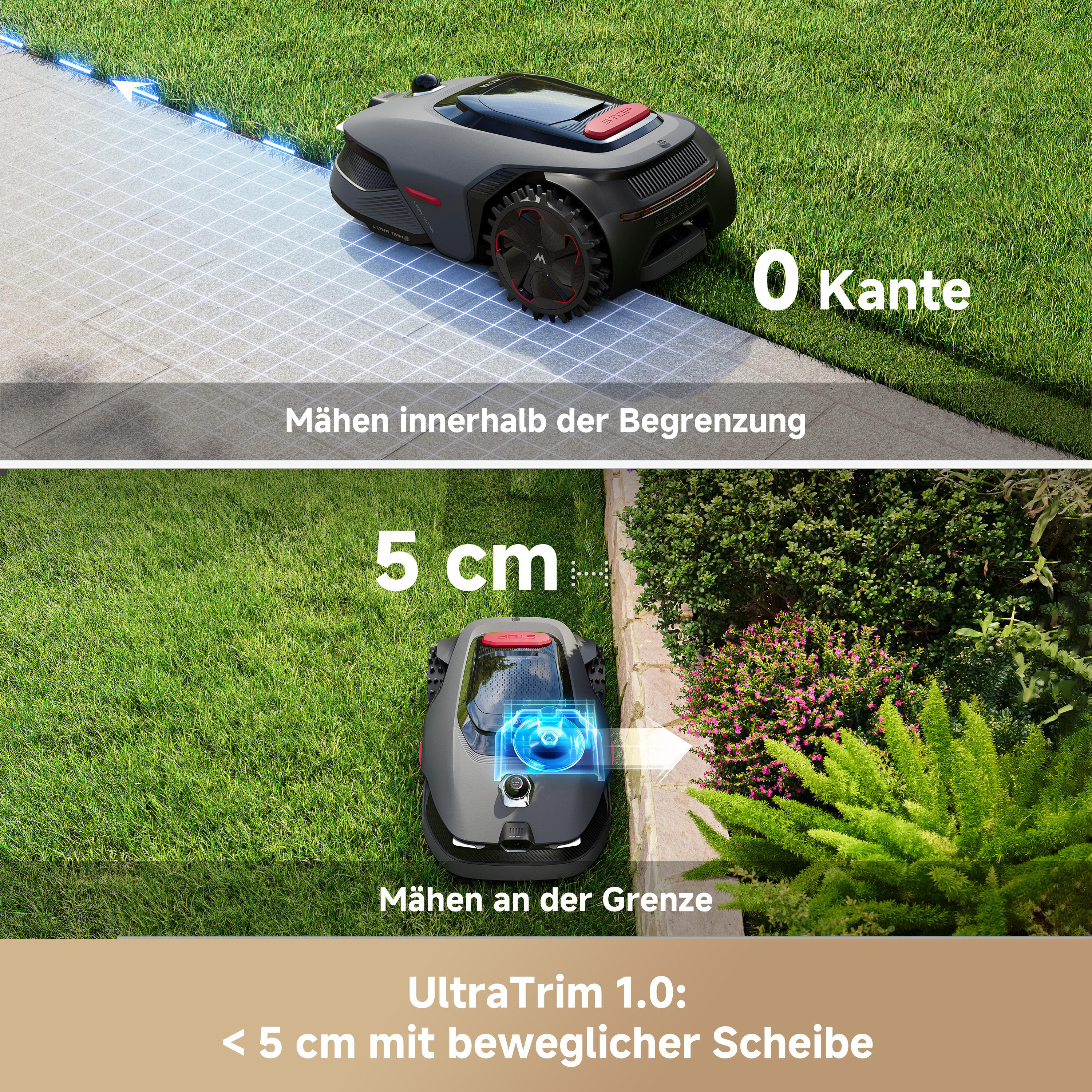 Ein Mähroboter mäht Gras, zeigt 0 Kante und 5 cm an der Grenze.