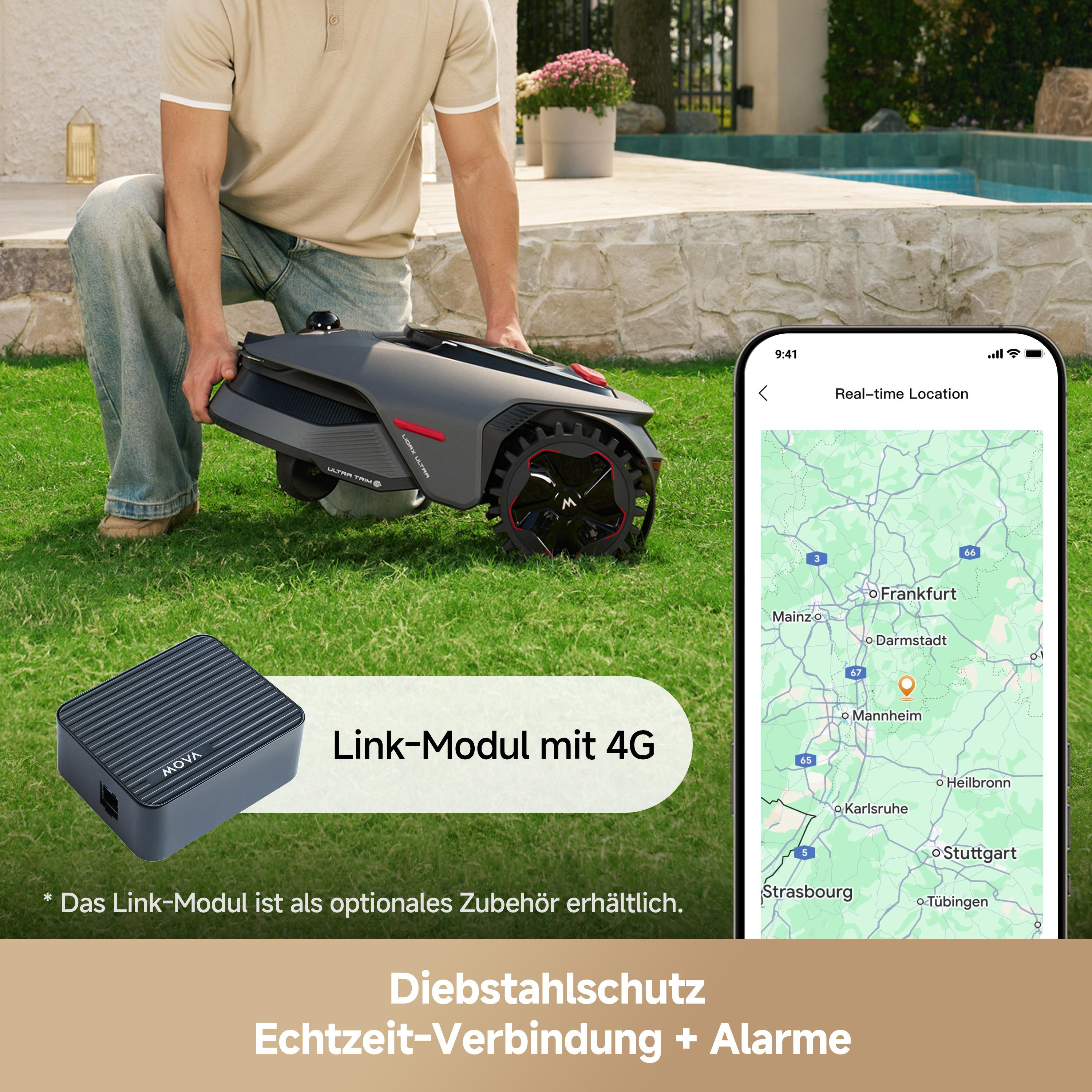 Ein Mann mit Rasenmäher und 4G-Modul daneben. Handy zeigt Karte.