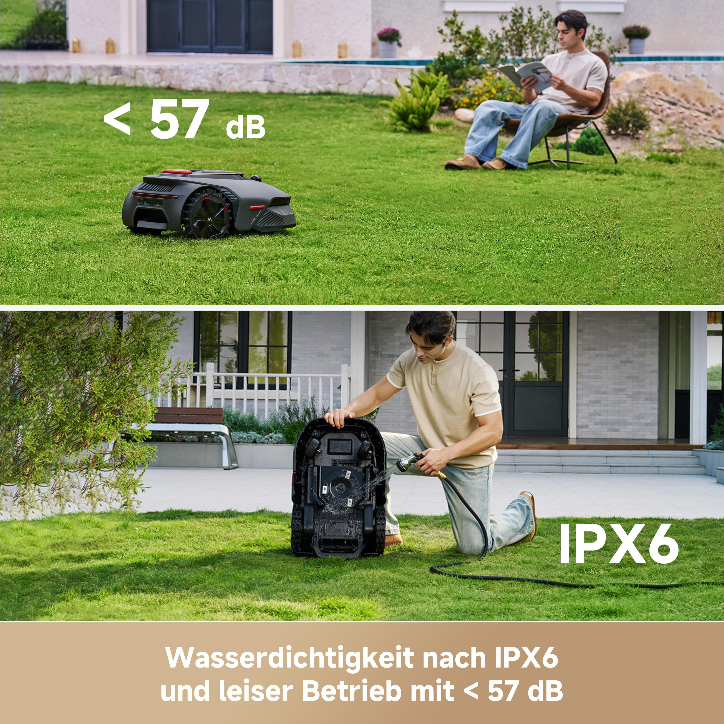 Rasenmäher mit <lt/>57 dB und IPX6 Wasserdichtigkeit.