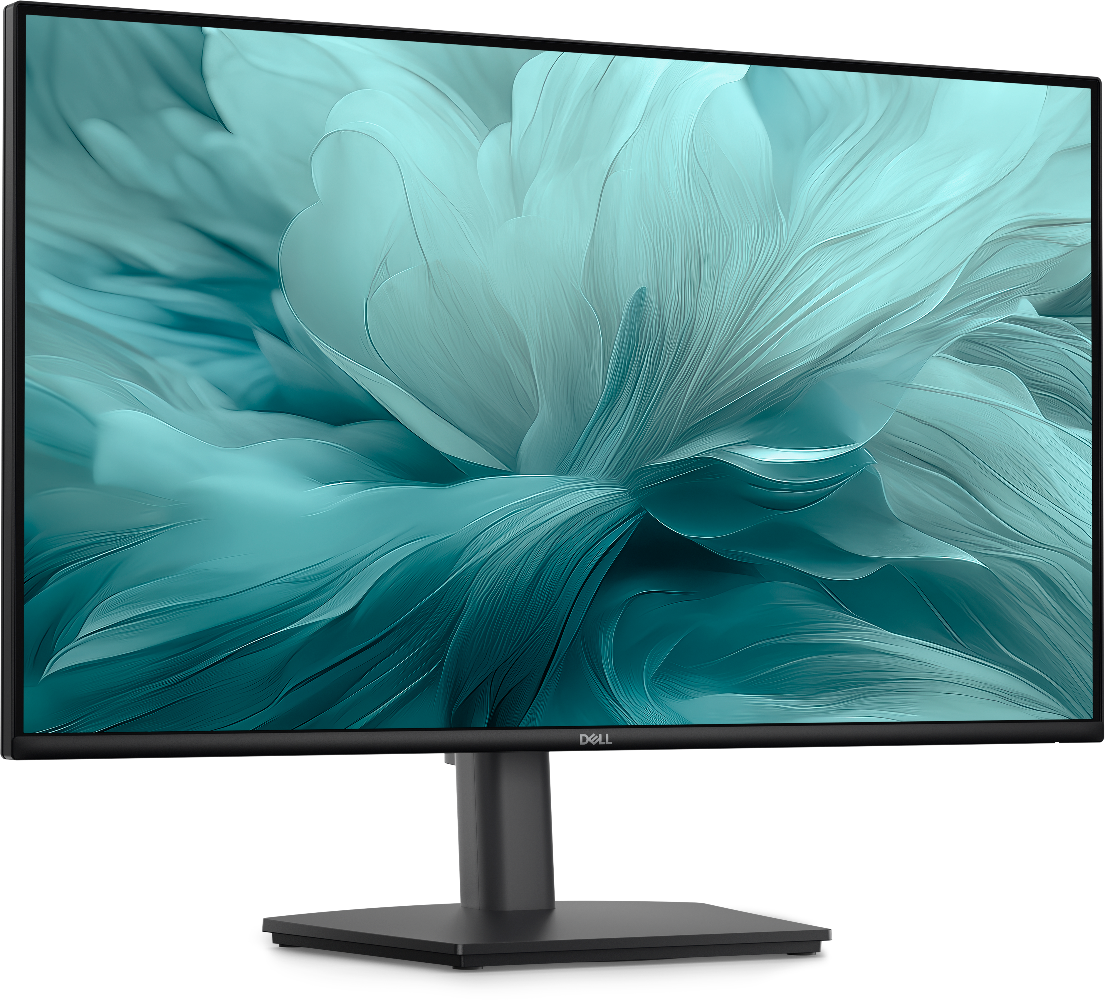 Ein Dell Monitor mit abstraktem, türkisfarbenem Hintergrund. Der Ständer ist schwarz.