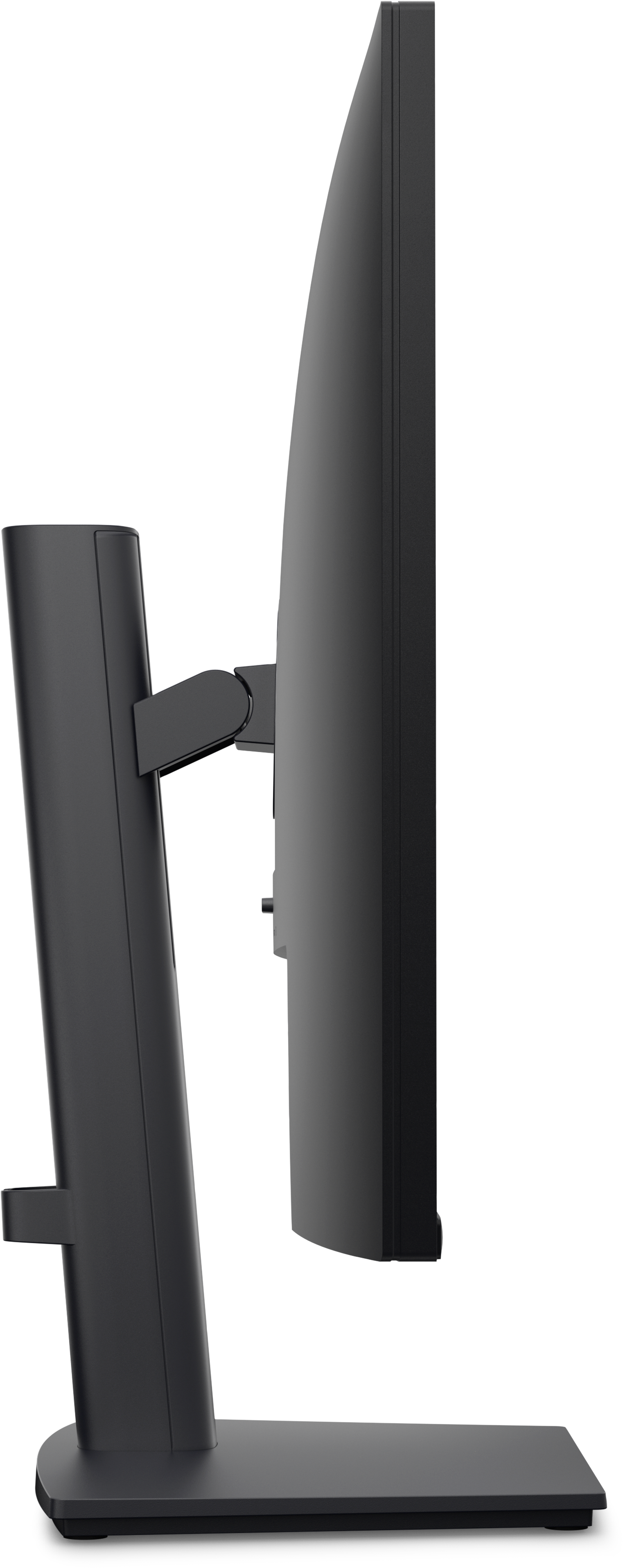 Seitenansicht eines schwarzen Monitors mit verstellbarem Ständer auf schwarzem Hintergrund.