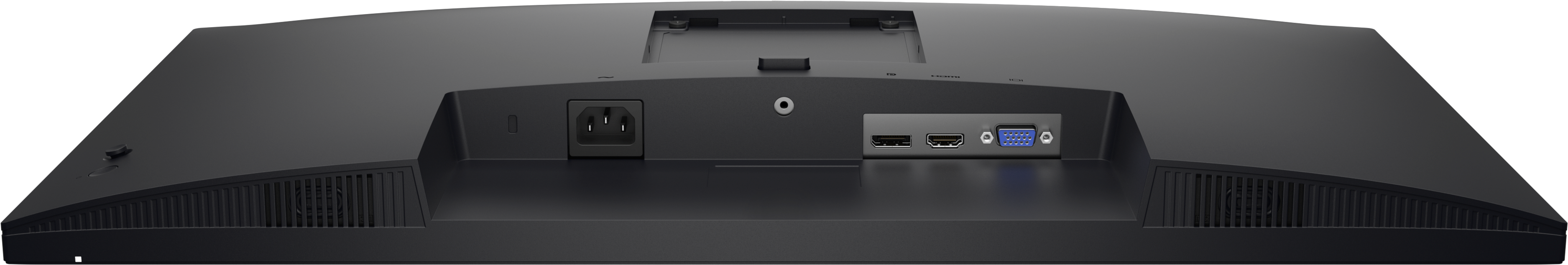 Rückseite eines schwarzen Monitors mit Anschlüssen: Strom, HDMI, VGA und Audio.
