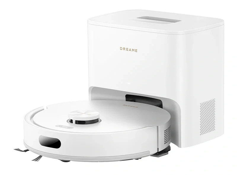 Biały robot sprzątający ze stacją ładującą Dreame.