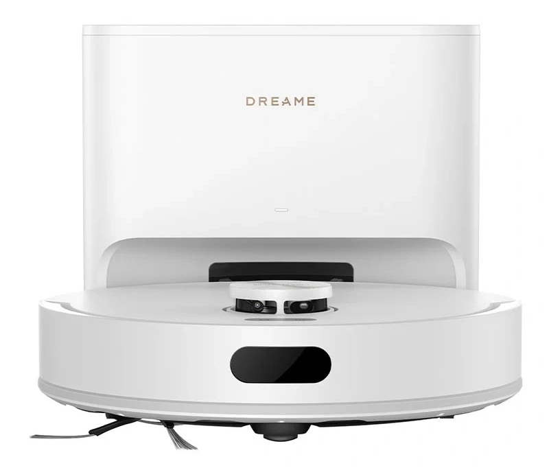 Biały robot sprzątający ze stacją ładującą, marka Dreame.