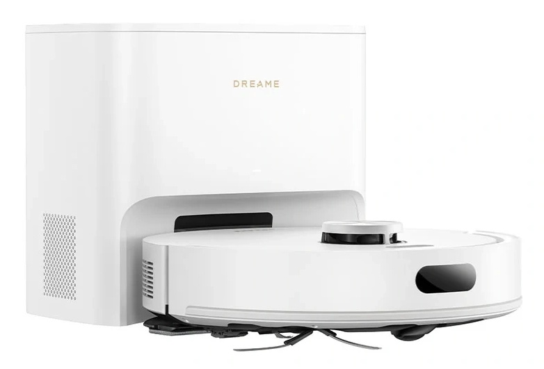 Biały robot sprzątający ze stacją ładującą, marki Dreame.