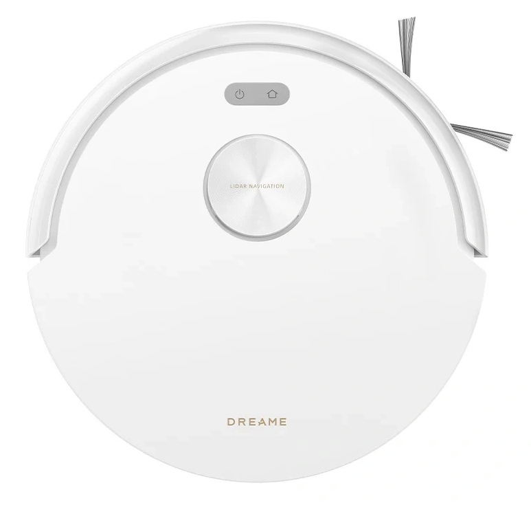 Okrągły, biały robot sprzątający z nawigacją LIDAR i szczotkami.