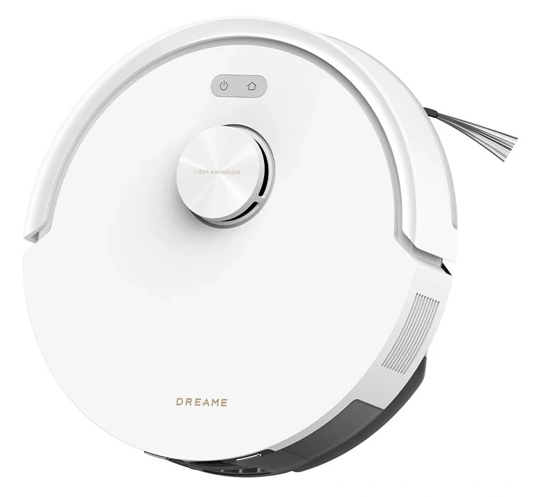 Biały robot sprzątający z nawigacją LIDAR i szczotką.