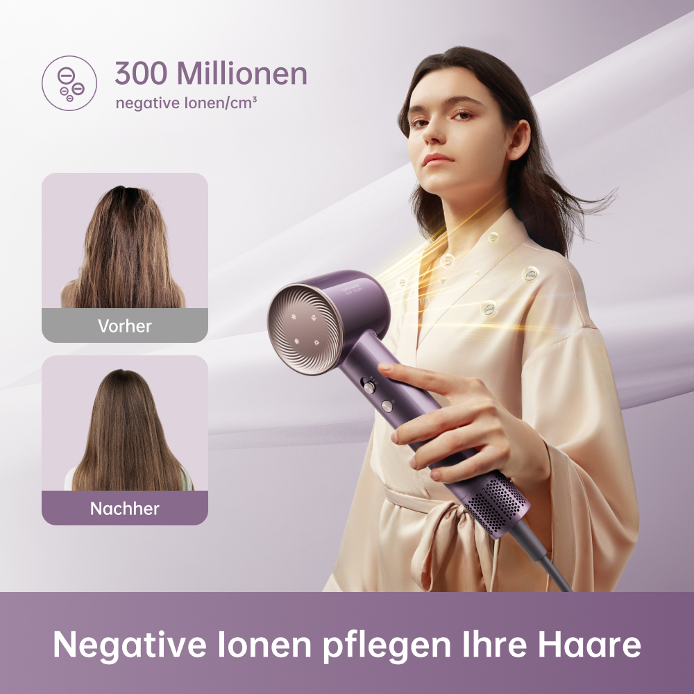Femme tenant un sèche-cheveux, montrant comparaison cheveux avant/après. 300M ions.