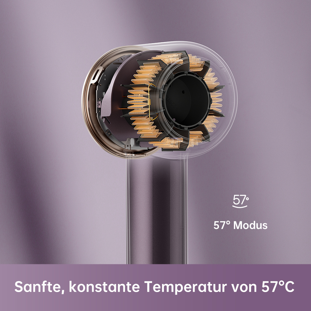 Gros plan du moteur et des éléments chauffants d'un sèche-cheveux. Mode 57°.