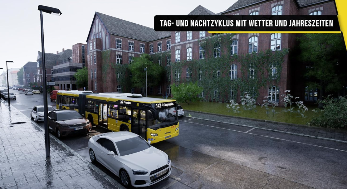 Gelber Gelenkbus und Autos auf nasser Straße vor Backsteingebäude.