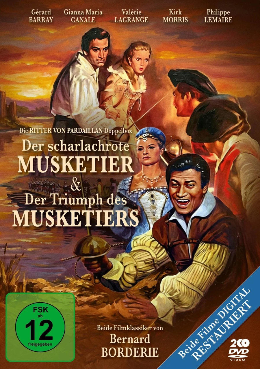 Poster mit vier Musketieren, einer Frau in blauer Kleidung und einem FSK-12-Logo.