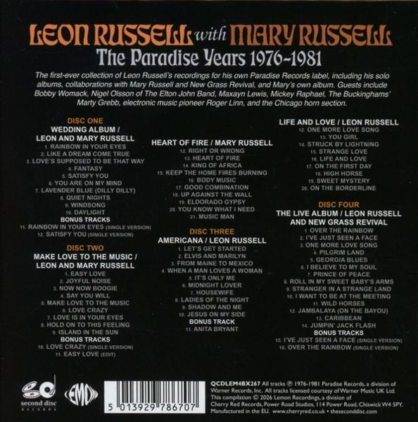 Rückseite einer CD-Hülle mit Titellisten für Leon Russell und Mary Russell.