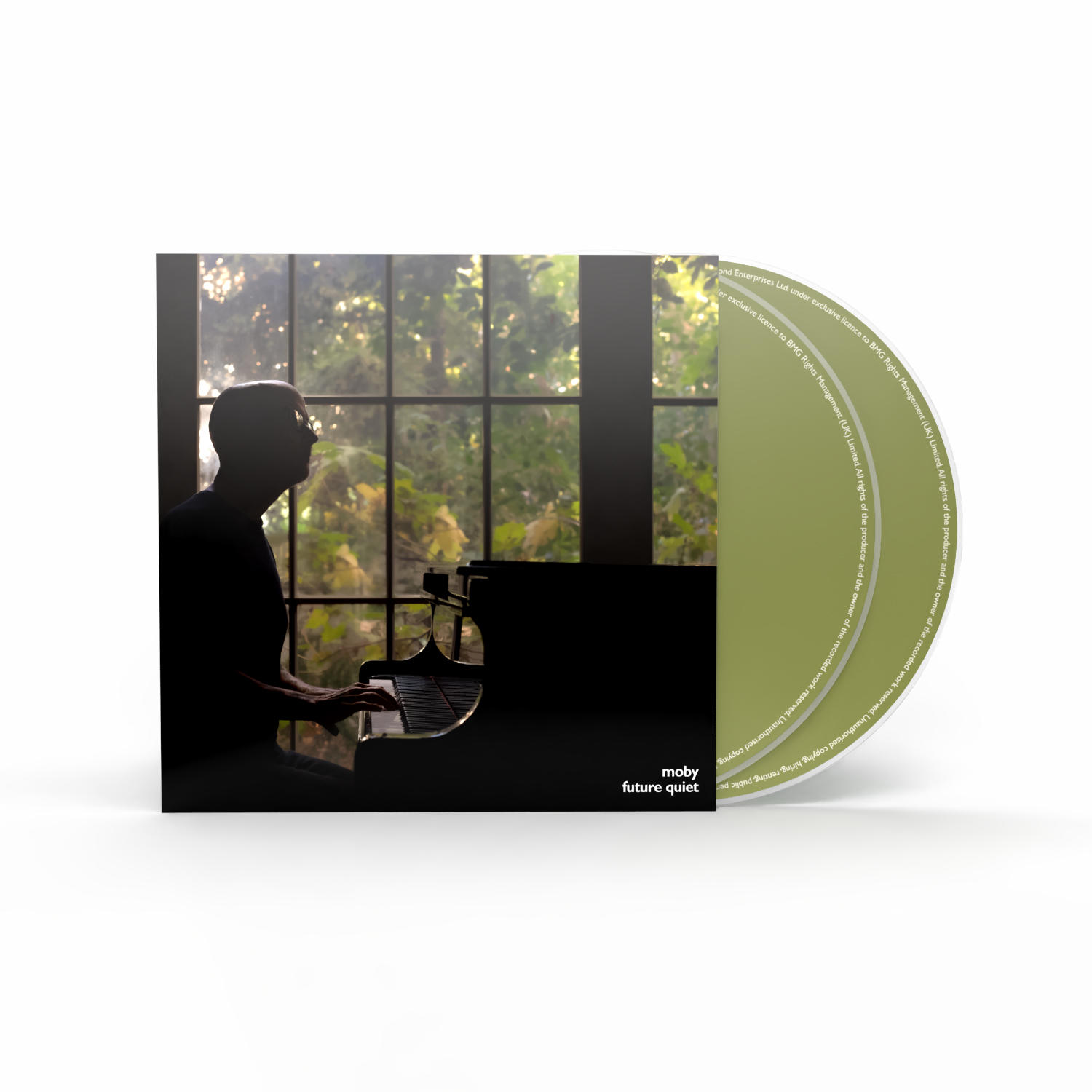 Mann spielt Klavier vor Fenster mit Blättern, Moby Future Quiet CD.