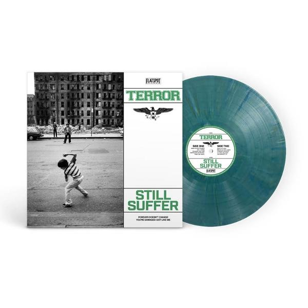 Schallplatte mit Cover von TERROR: STILL SUFFER. Junge wirft Stein. Grüne Schallplatte.