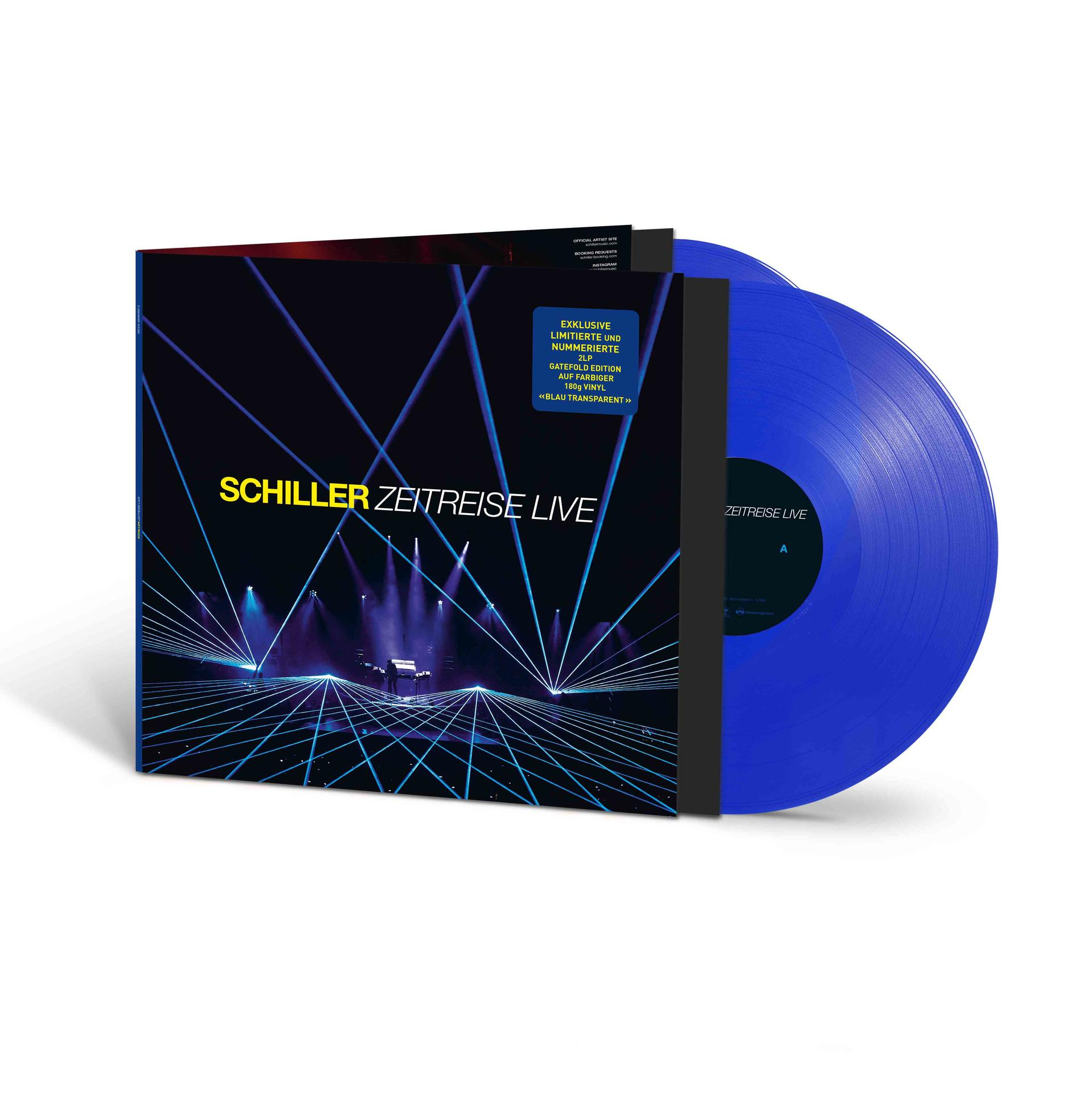 Schiller Zeitreise Live Vinyl-Cover mit blauen Vinyl-Schallplatten, Lasershow-Motiv.