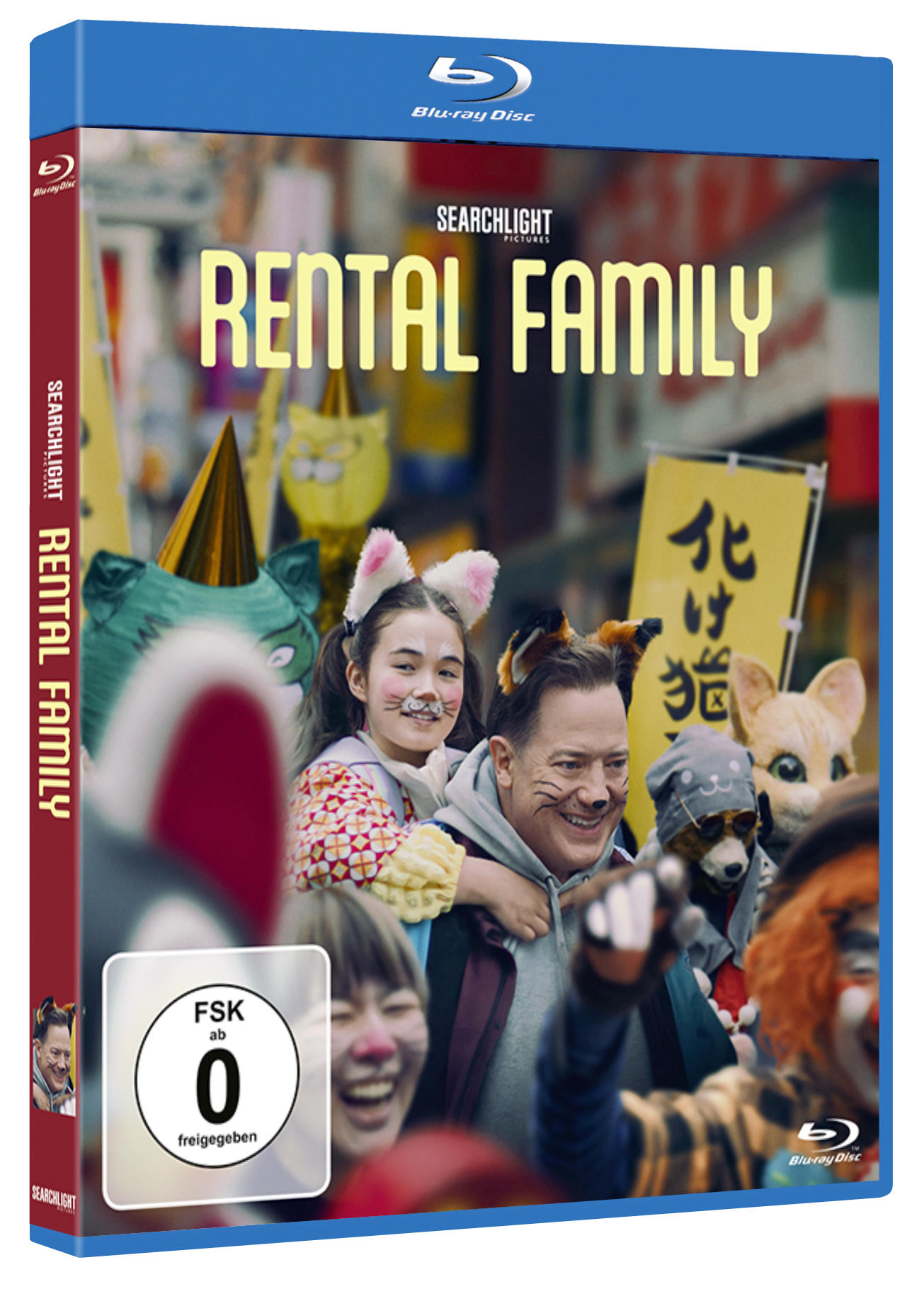 Brendan Fraser und ein Mädchen mit Katzenohren auf einem Blu-ray-Cover, das für "Rental Family" wirbt.