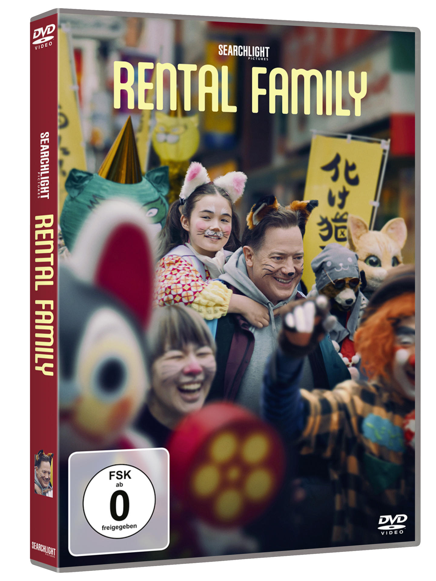 DVD-Hülle mit dem Titel RENTAL FAMILY, zeigt lachende Menschen mit Katzenohren und Clowns.