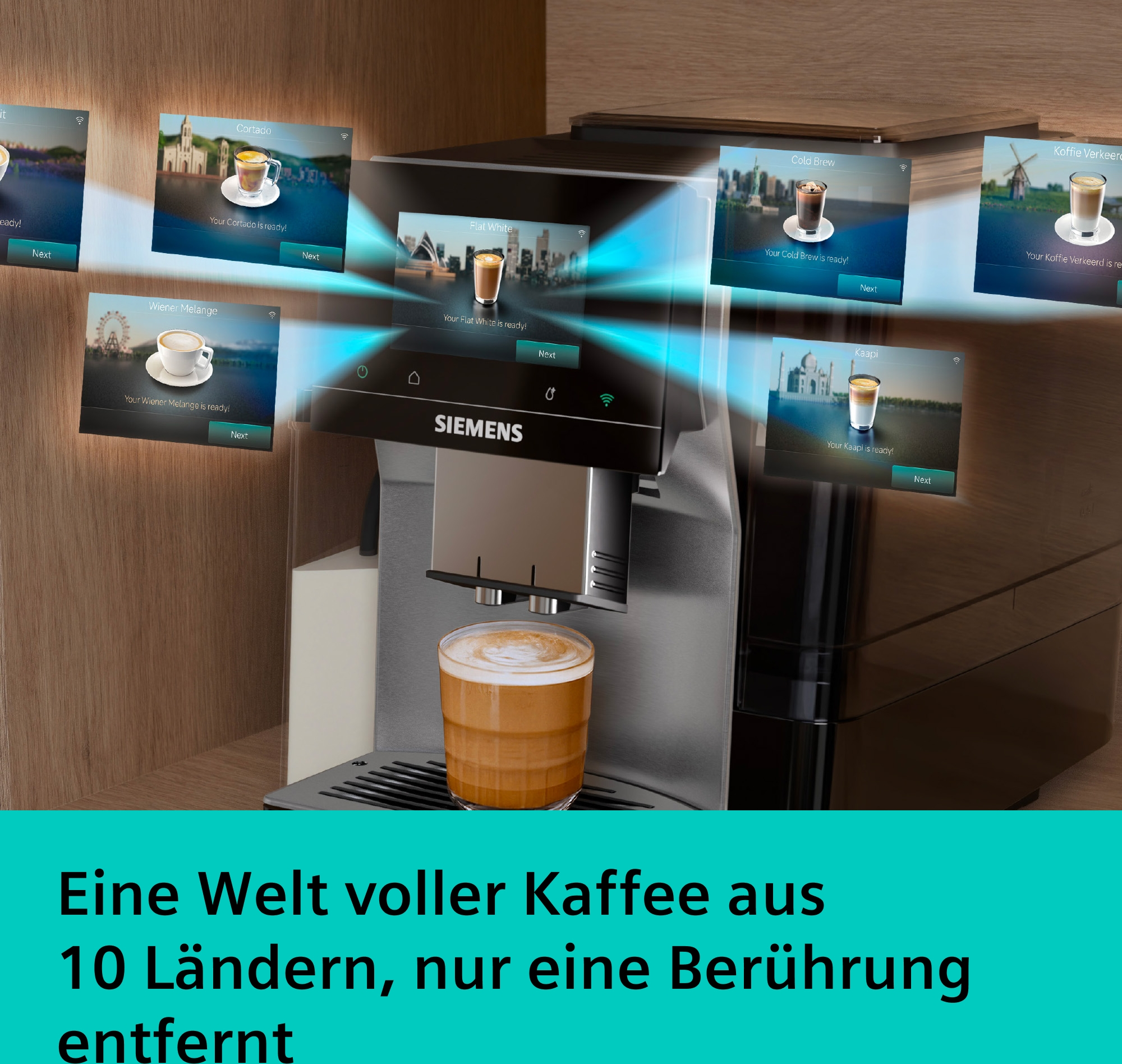 Kaffeemaschine mit Touchscreen, zeigt verschiedene Kaffeesorten und deren Herkunftsländer.