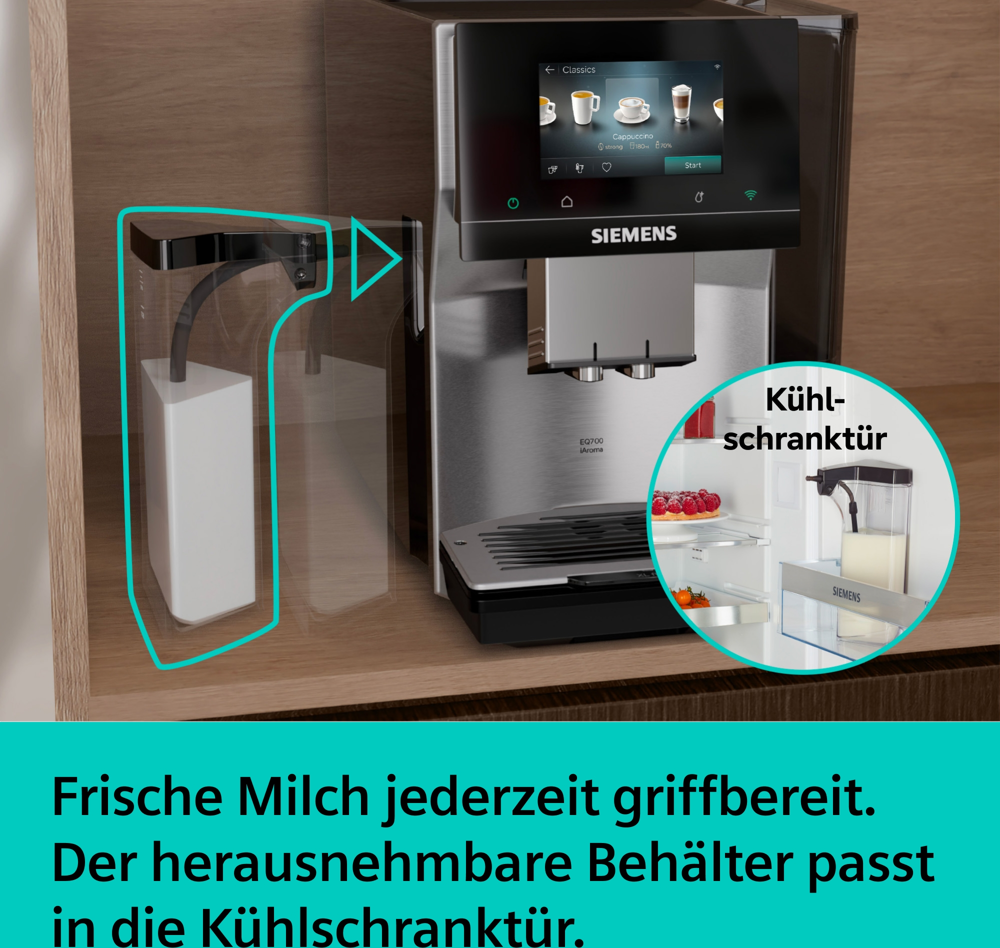 Kaffeemaschine mit herausnehmbarem Milchbehälter, der in Kühlschranktür passt.