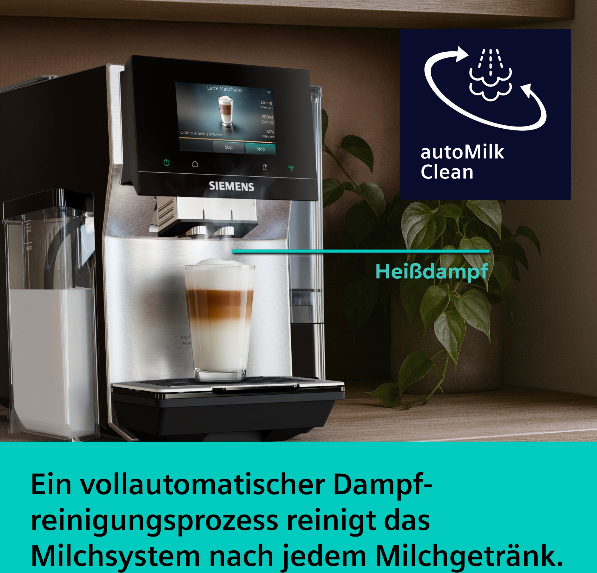 Siemens Kaffeevollautomat mit Milchbehälter und Latte Macchiato.