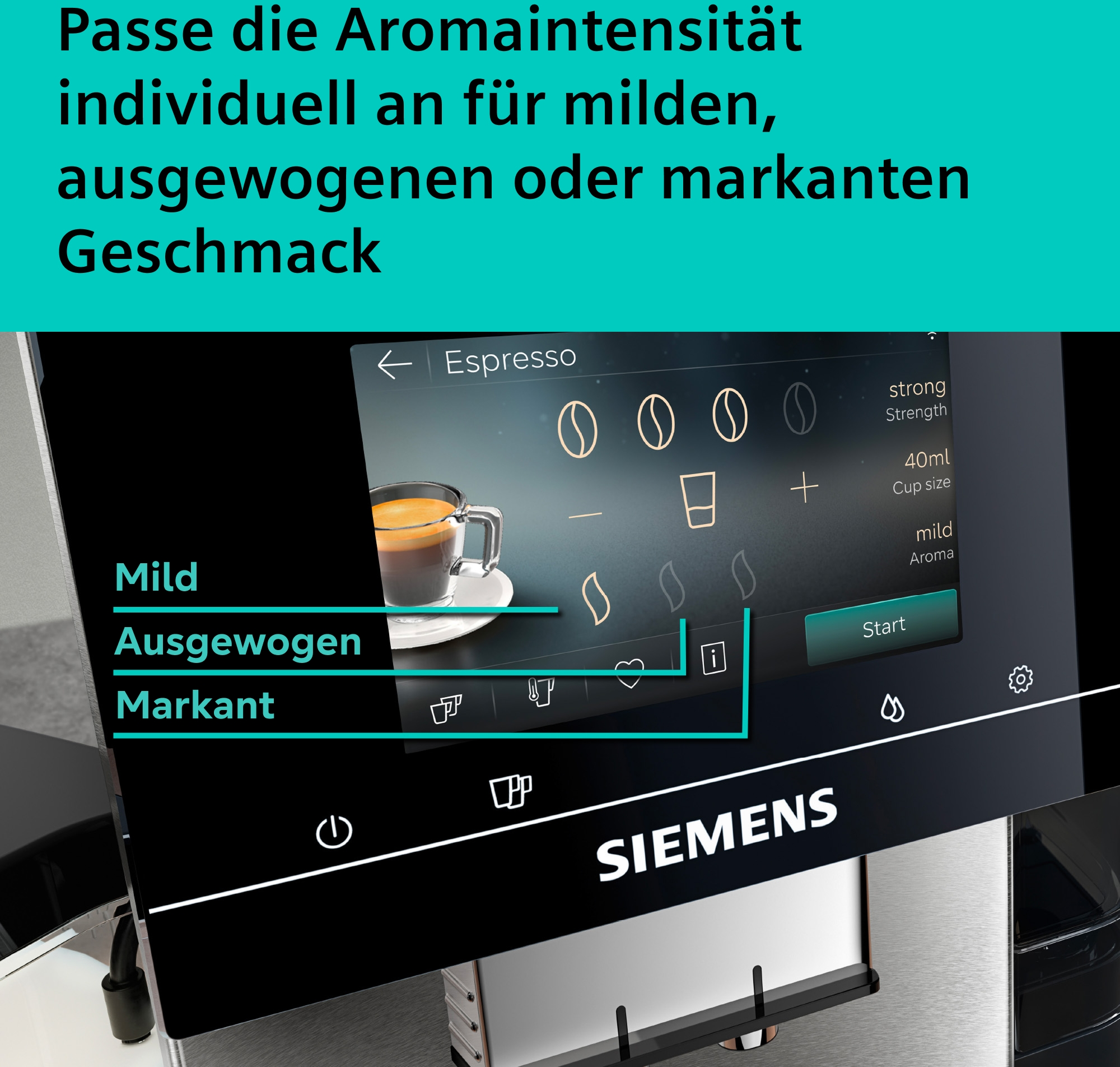 Siemens Kaffeemaschine mit Espresso-Einstellung und Aromastärke.