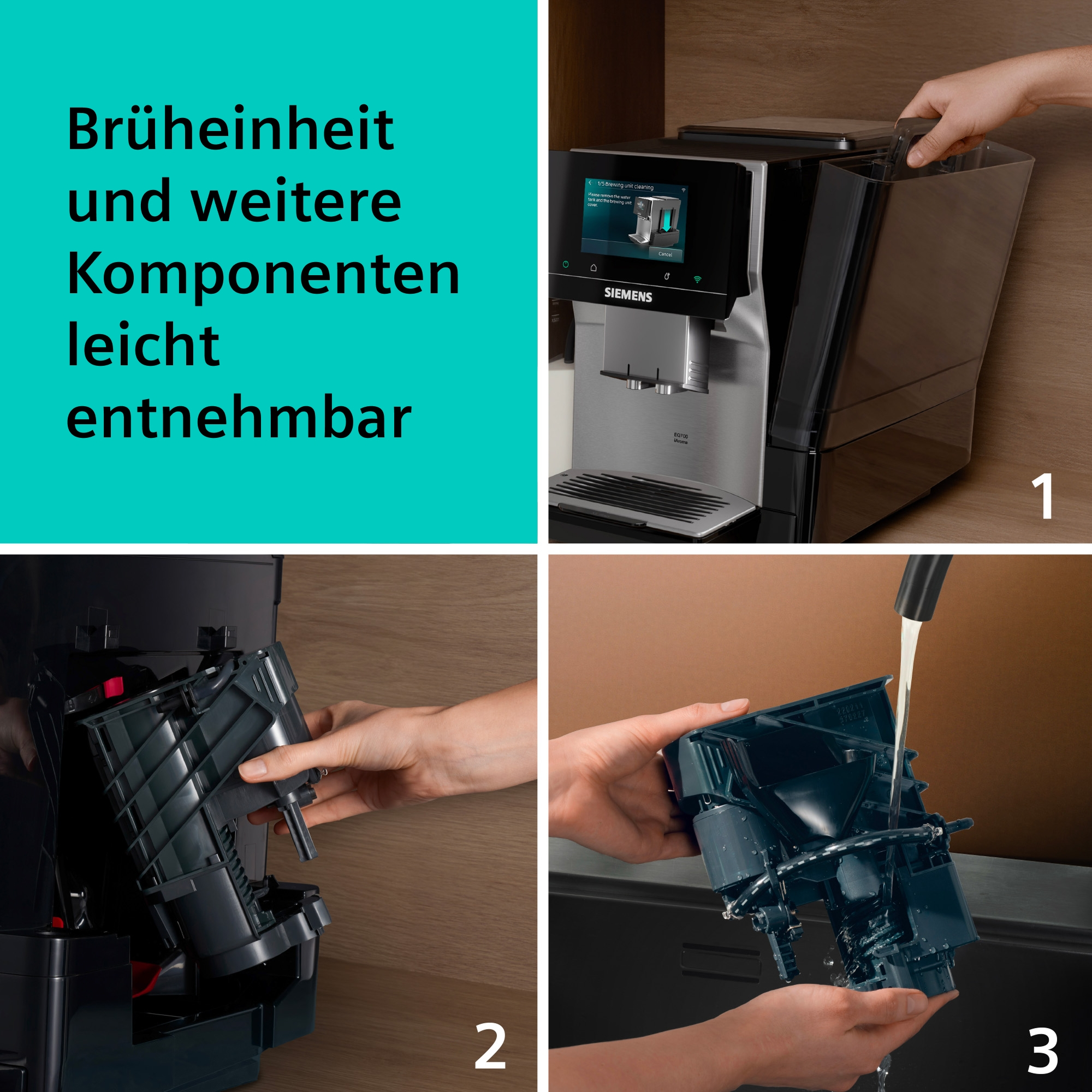 Kaffeemaschine: Brüheinheit entnehmbar, Reinigungsschritte mit Wasser.