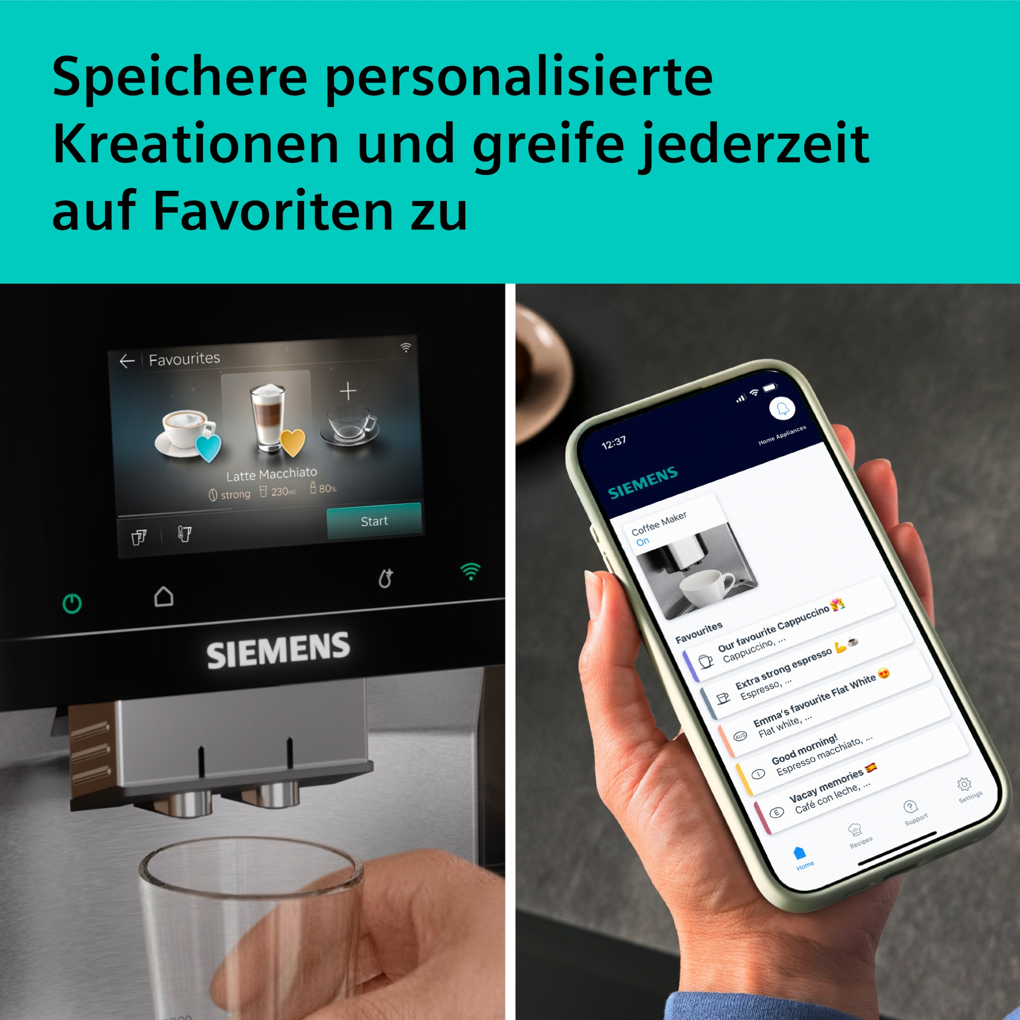 Siemens Kaffeevollautomat mit Touchscreen und Smartphone-App, die Favoriten anzeigt.