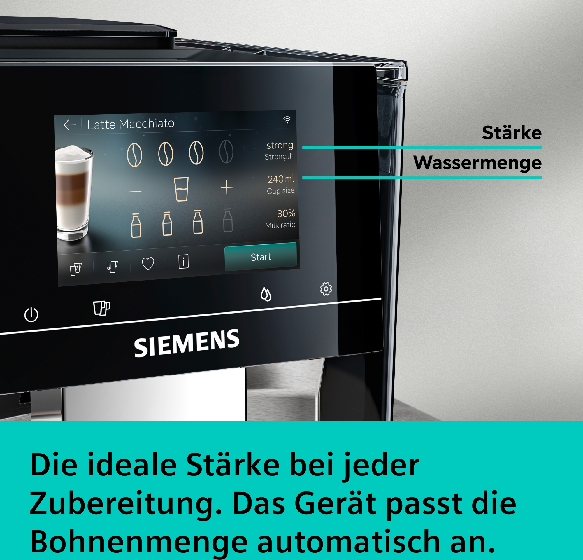 Kaffeemaschine mit Touchscreen zeigt Latte Macchiato Einstellungen.