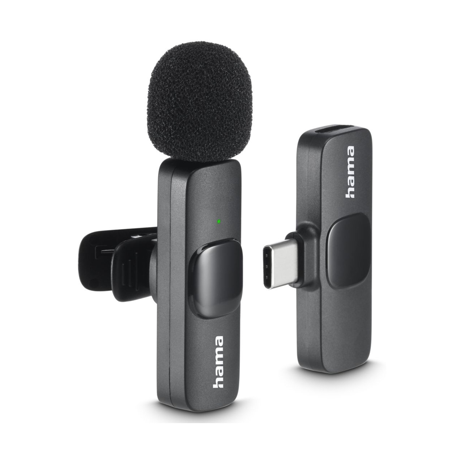 Due microfoni Hama neri con connettore USB-C su sfondo bianco.