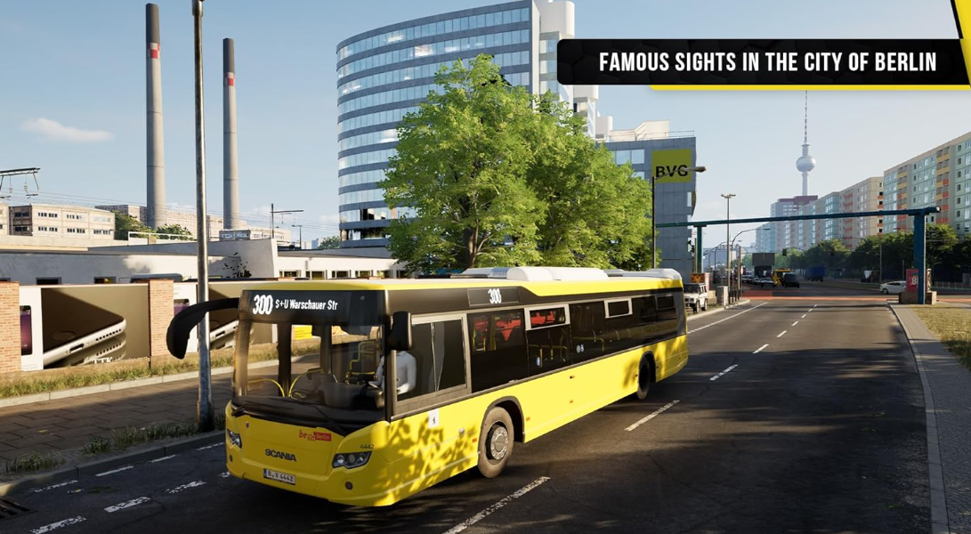 Ein gelber Stadtbus fährt auf einer Straße in Berlin mit modernen Gebäuden im Hintergrund.